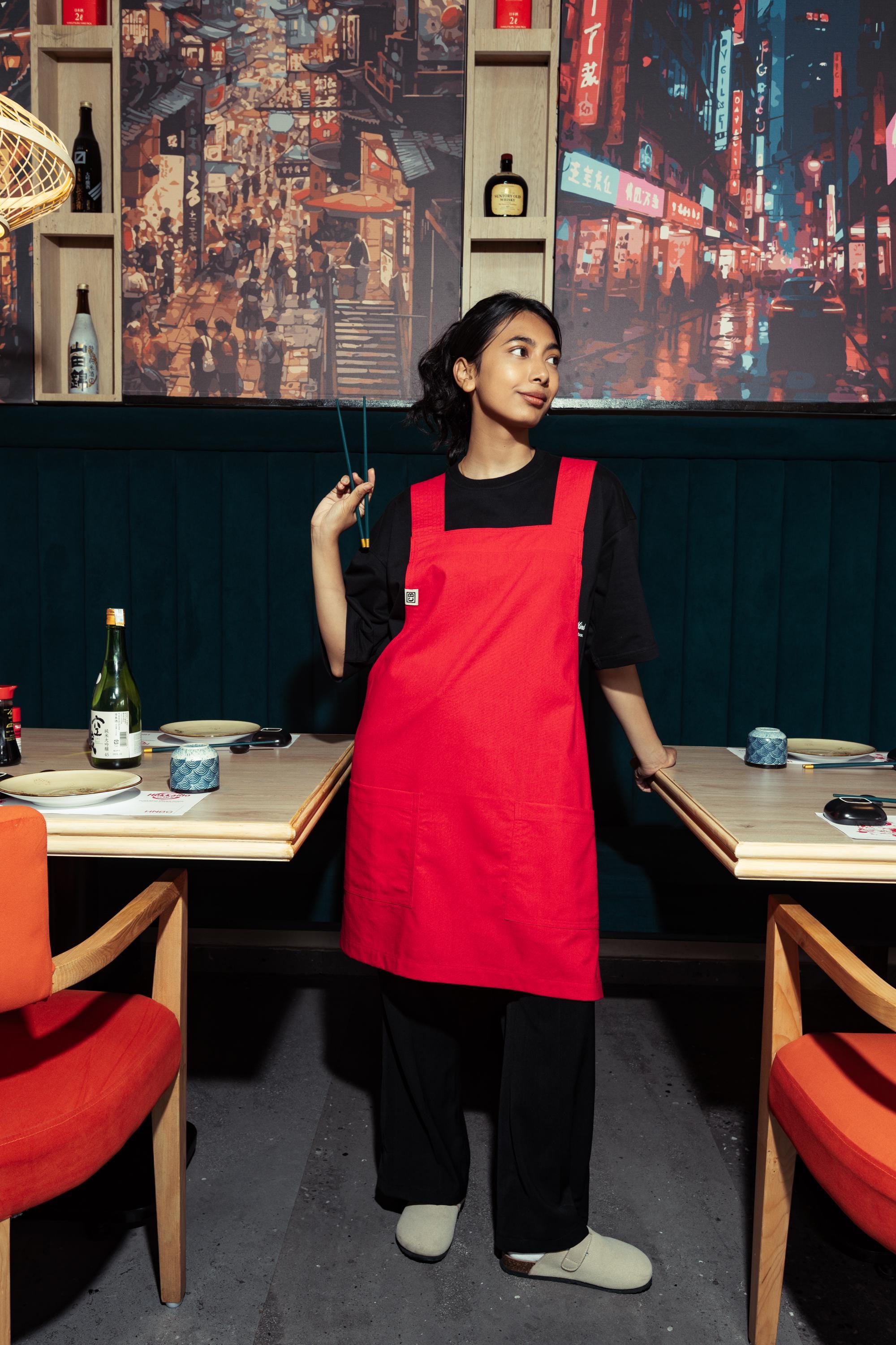 Red Linen Crossback Chore Apron