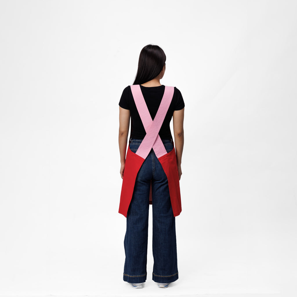 Red & Pink Linen Crossback Chore Apron